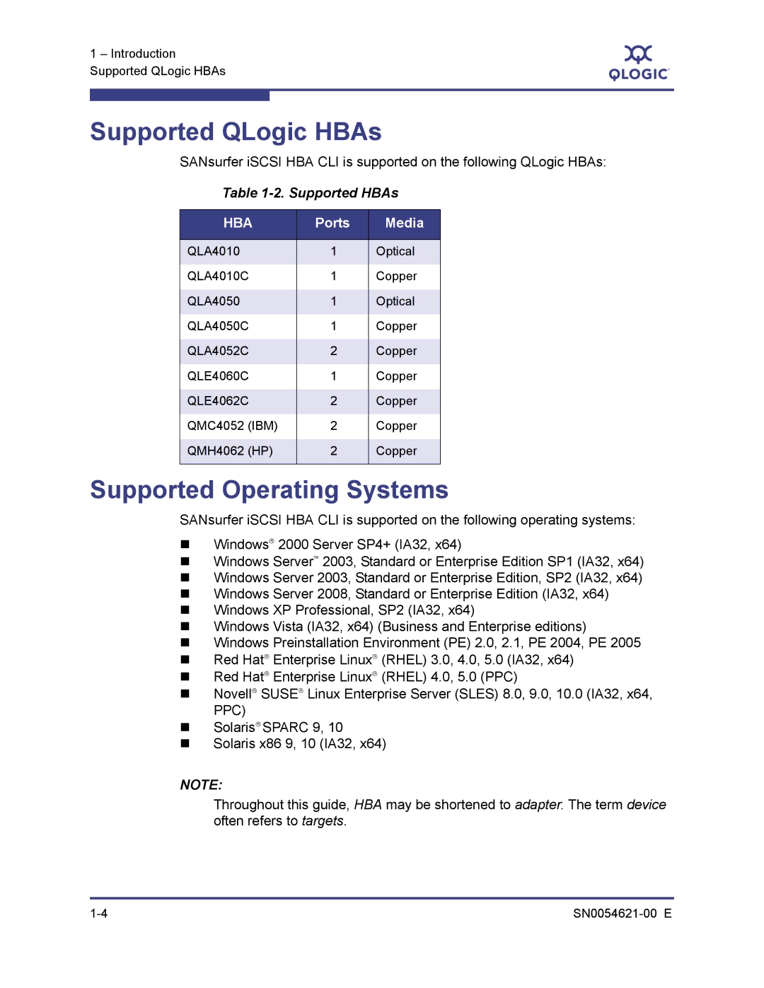 Q-Logic SN0054621-00 E manual Supported QLogic HBAs, Supported Operating Systems, Supported HBAs, Ports Media 