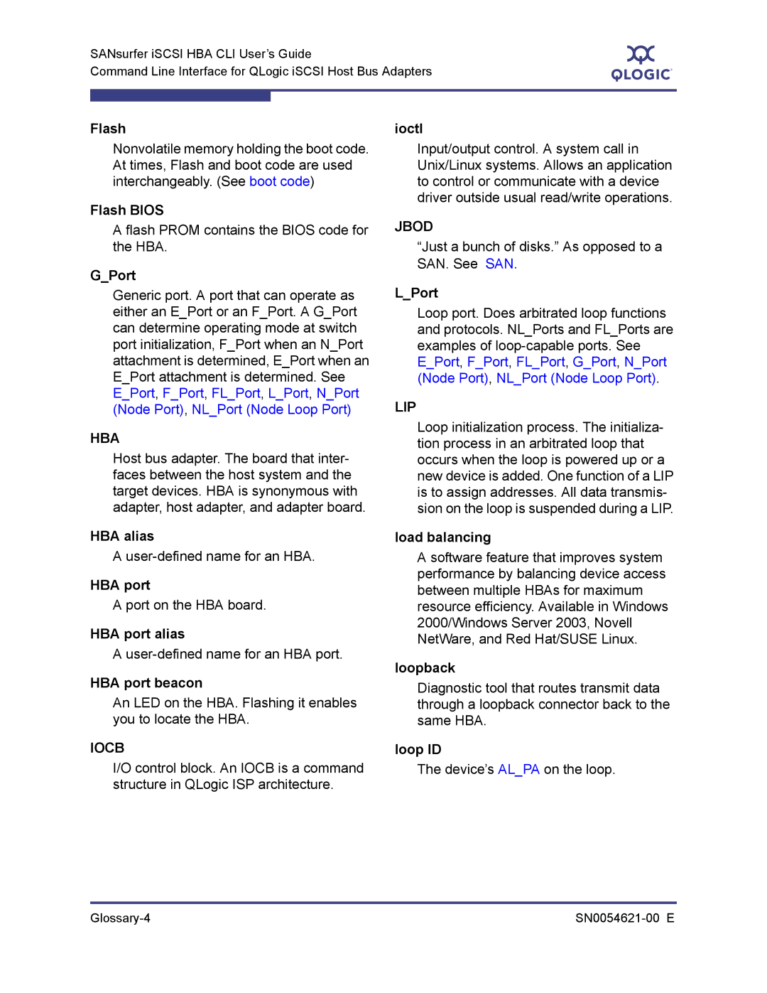 Q-Logic SN0054621-00 E Flash Bios, GPort, HBA alias, HBA port alias, HBA port beacon, Ioctl, LPort, Load balancing 