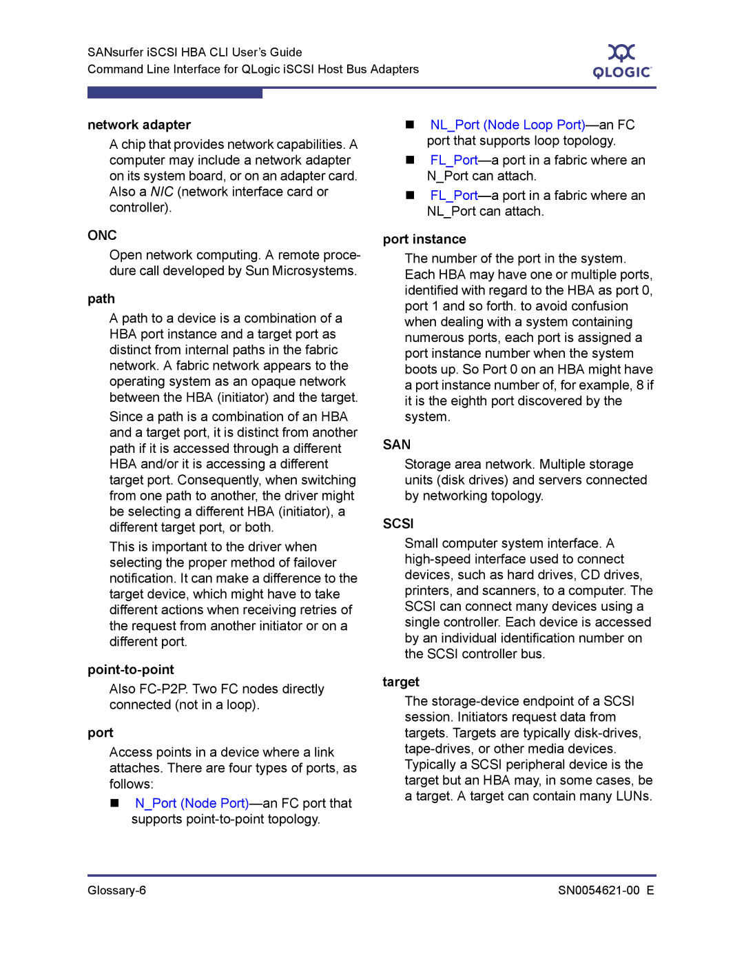 Q-Logic SN0054621-00 E manual Network adapter, Path, Point-to-point, Port instance, Target 