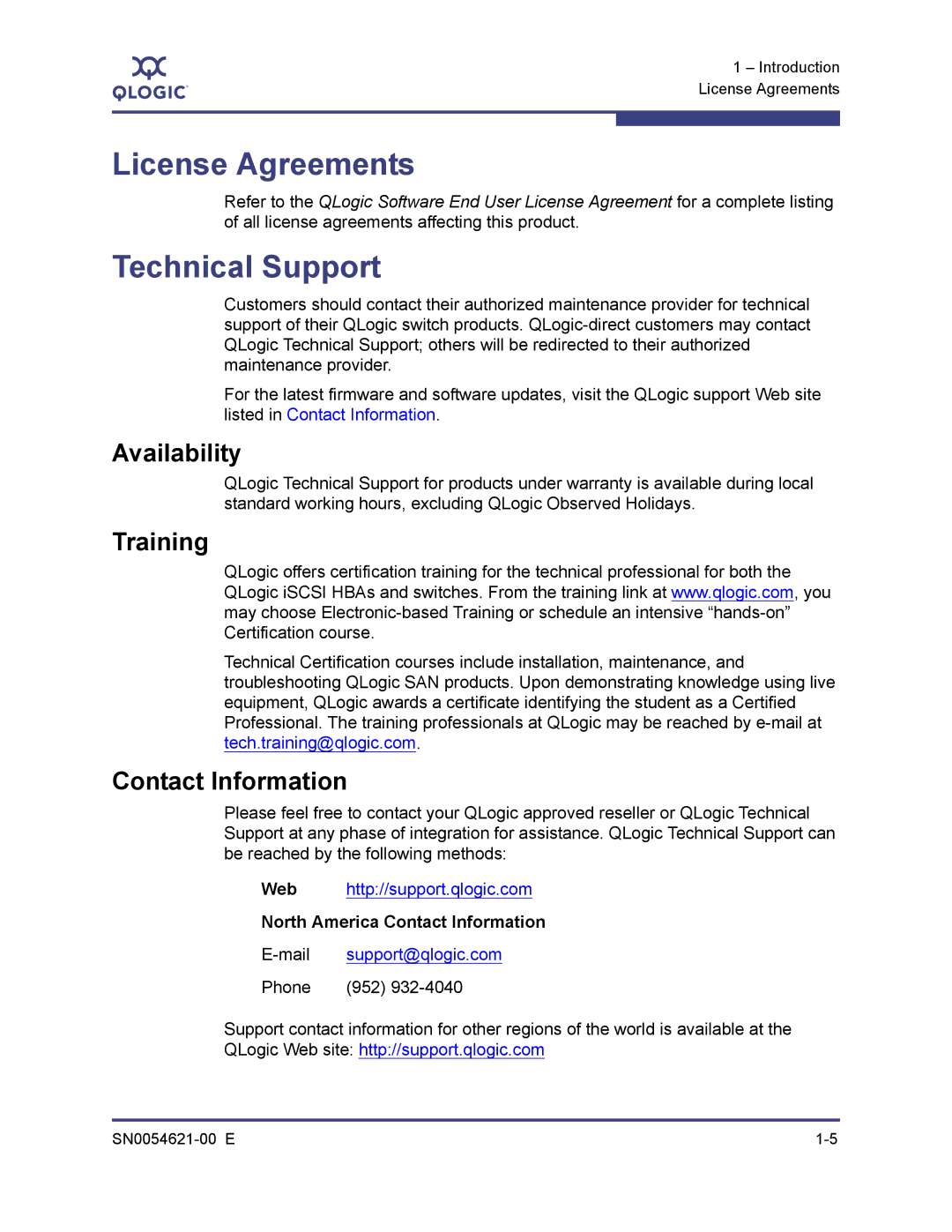 Q-Logic SN0054621-00 E manual License Agreements, Technical Support, Availability, Training, Contact Information 