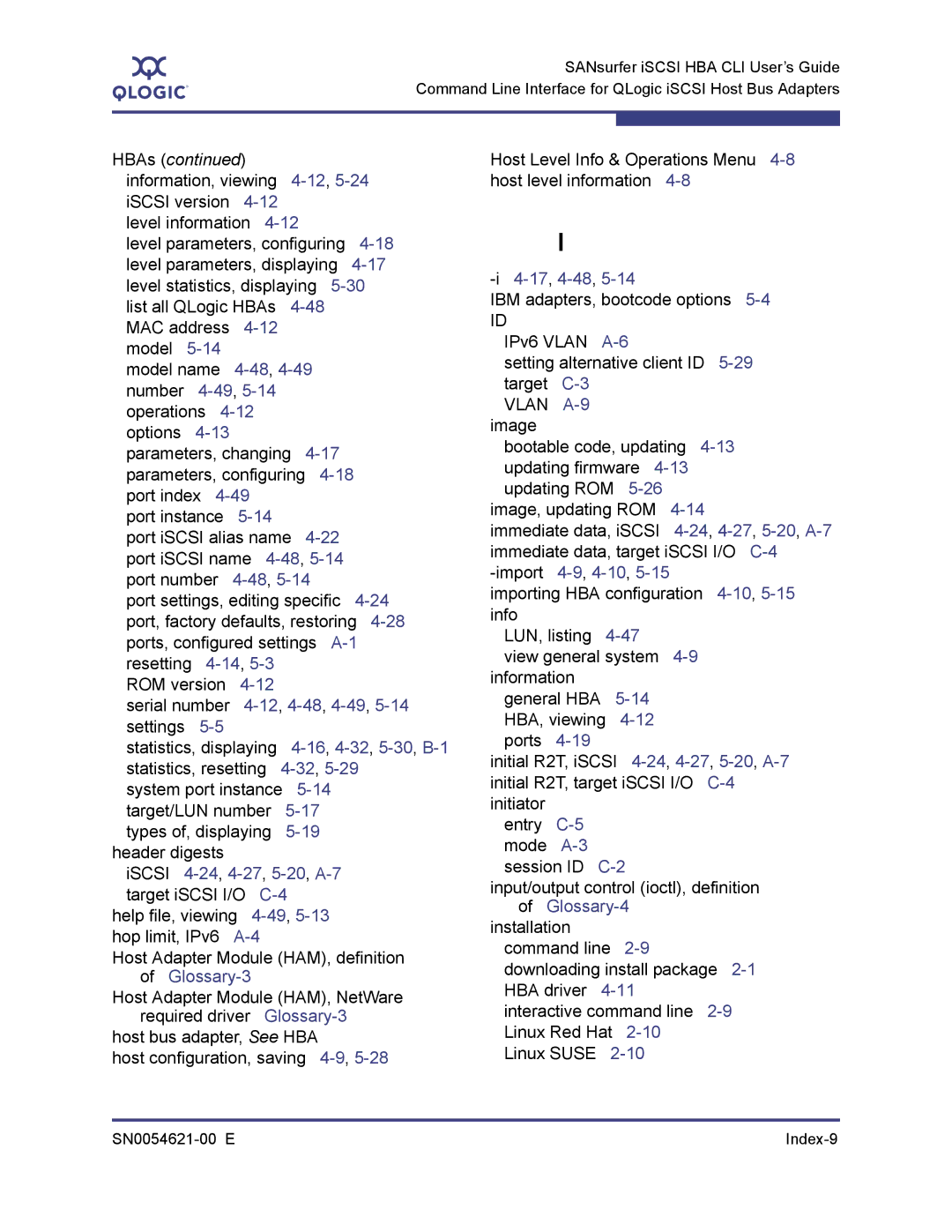 Q-Logic SN0054621-00 E manual 12,5-24, 48,5-14, 12,4-48,4-49,5-14, 16,4-32,5-30,B-1, ISCSI 4-24,4-27,5-20,A-7, 10,5-15 