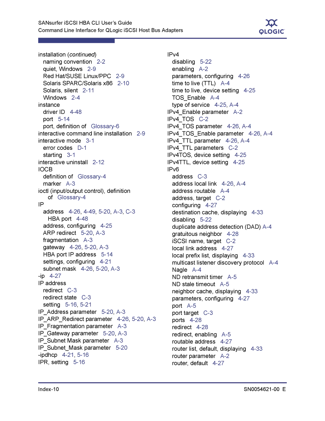 Q-Logic SN0054621-00 E manual Iocb, Address 4-26,4-49,5-20,A-3,C-3HBA port, 25,A-4, 26,A-4 