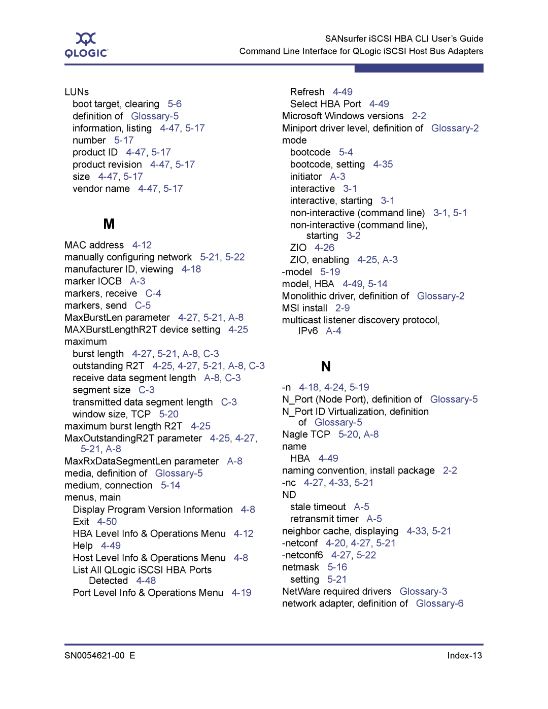 Q-Logic SN0054621-00 E manual 21,A-8, 49,5-14, N4-18,4-24,5-19 