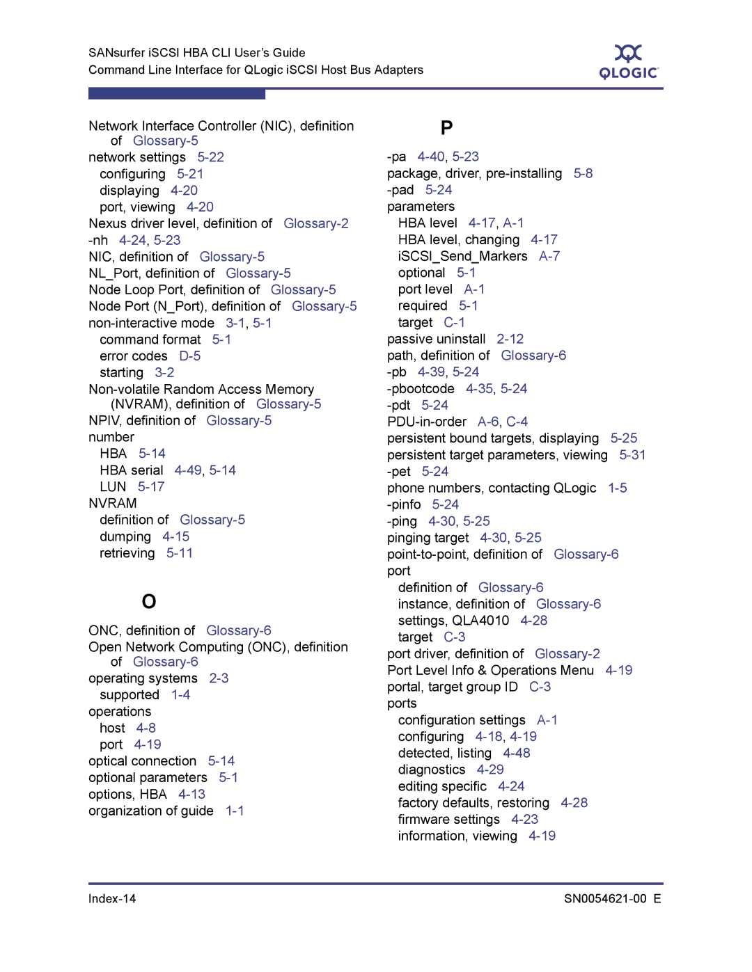 Q-Logic SN0054621-00 E manual Nh4-24,5-23, Nvram, Pa4-40,5-23, Glossary-6 