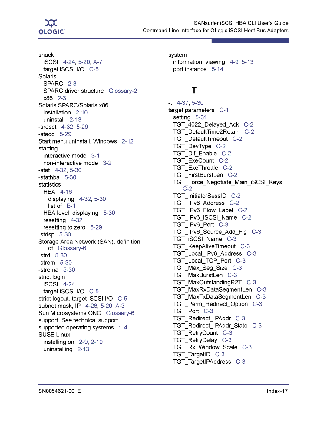 Q-Logic SN0054621-00 E Snack, ISCSI 4-24,5-20,A-7target iSCSI I/O C-5, Stat4-32,5-30-stathba5-30statistics, T4-37,5-30 