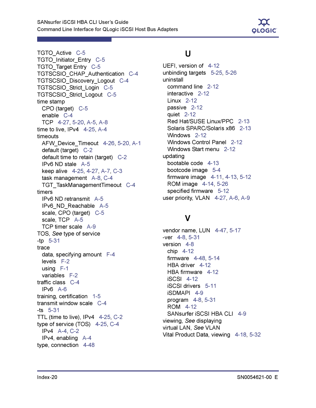 Q-Logic SN0054621-00 E manual TCP 4-27,5-20,A-5,A-8time to live, IPv4 4-25,A-4timeouts, 25,4-27,A-7,C-3, 25,C-2, 25,C-4 