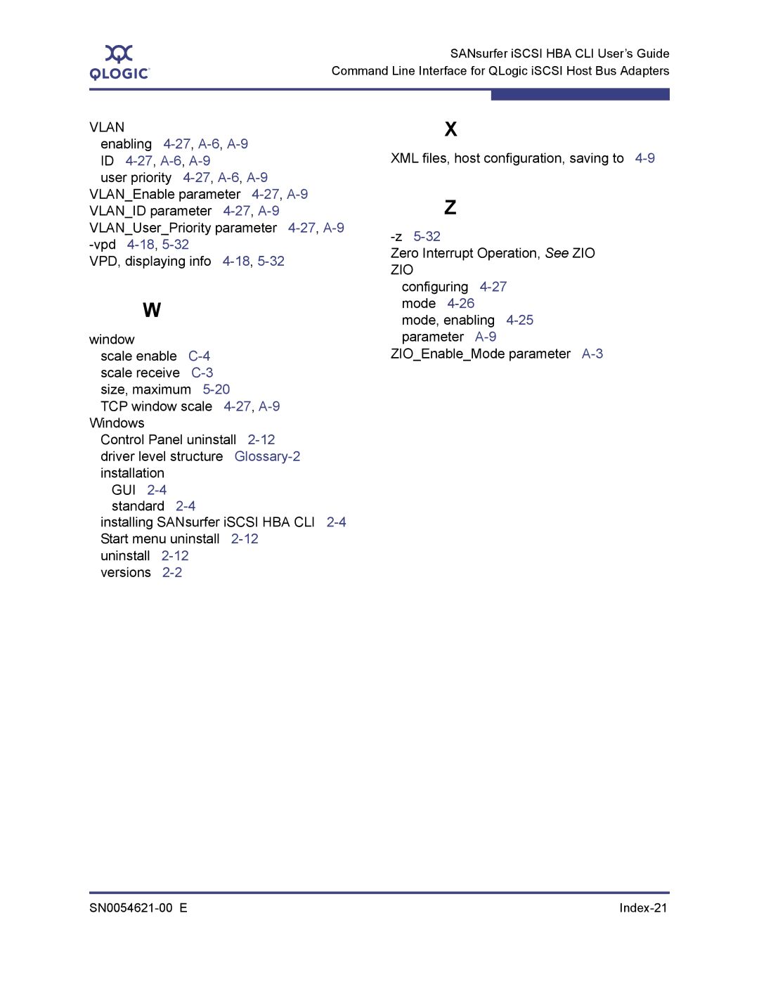 Q-Logic manual Vlan, SN0054621-00 E Index-21 