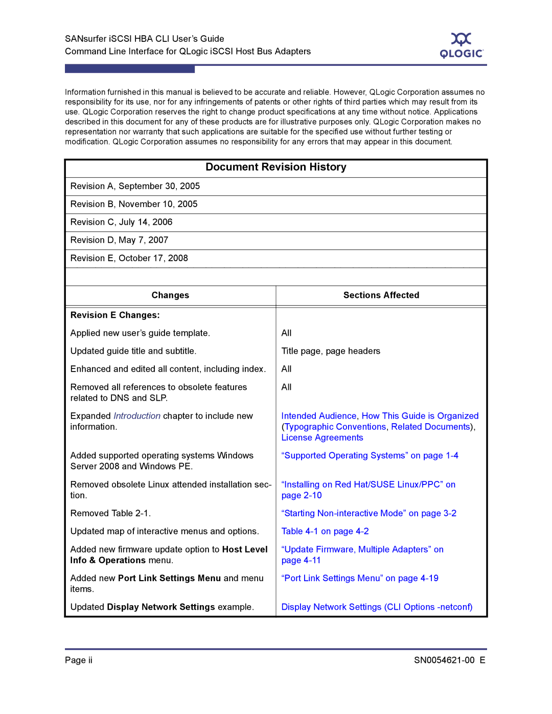 Q-Logic SN0054621-00 E manual Document Revision History, Changes Sections Affected Revision E Changes 