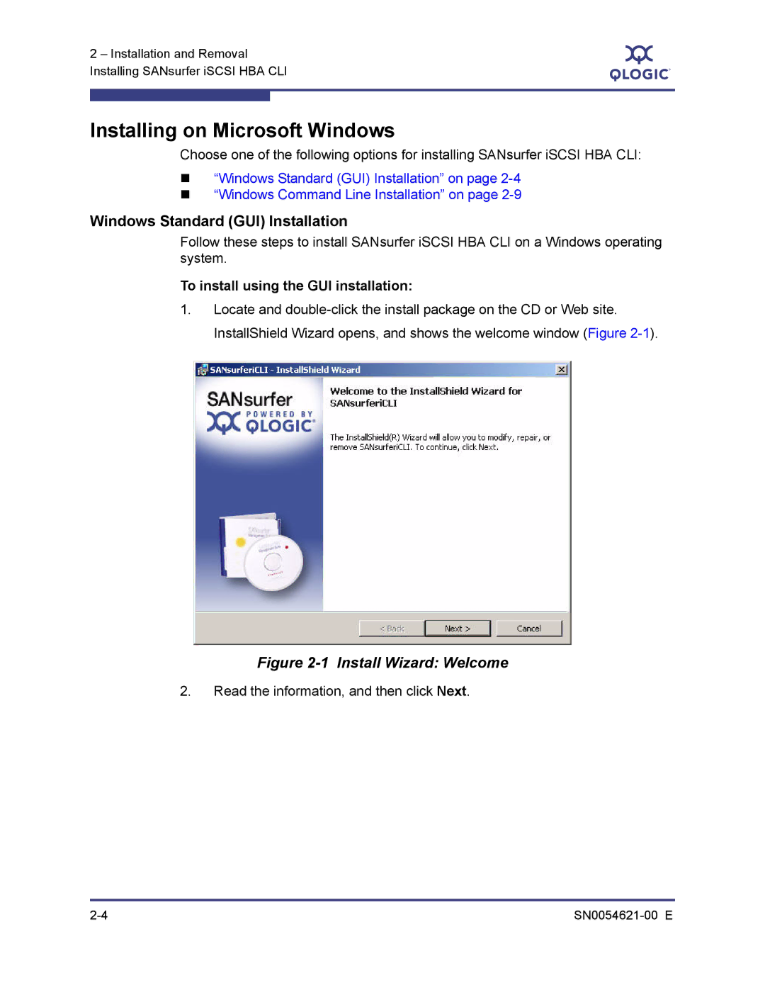 Q-Logic SN0054621-00 E manual Installing on Microsoft Windows, Windows Standard GUI Installation 