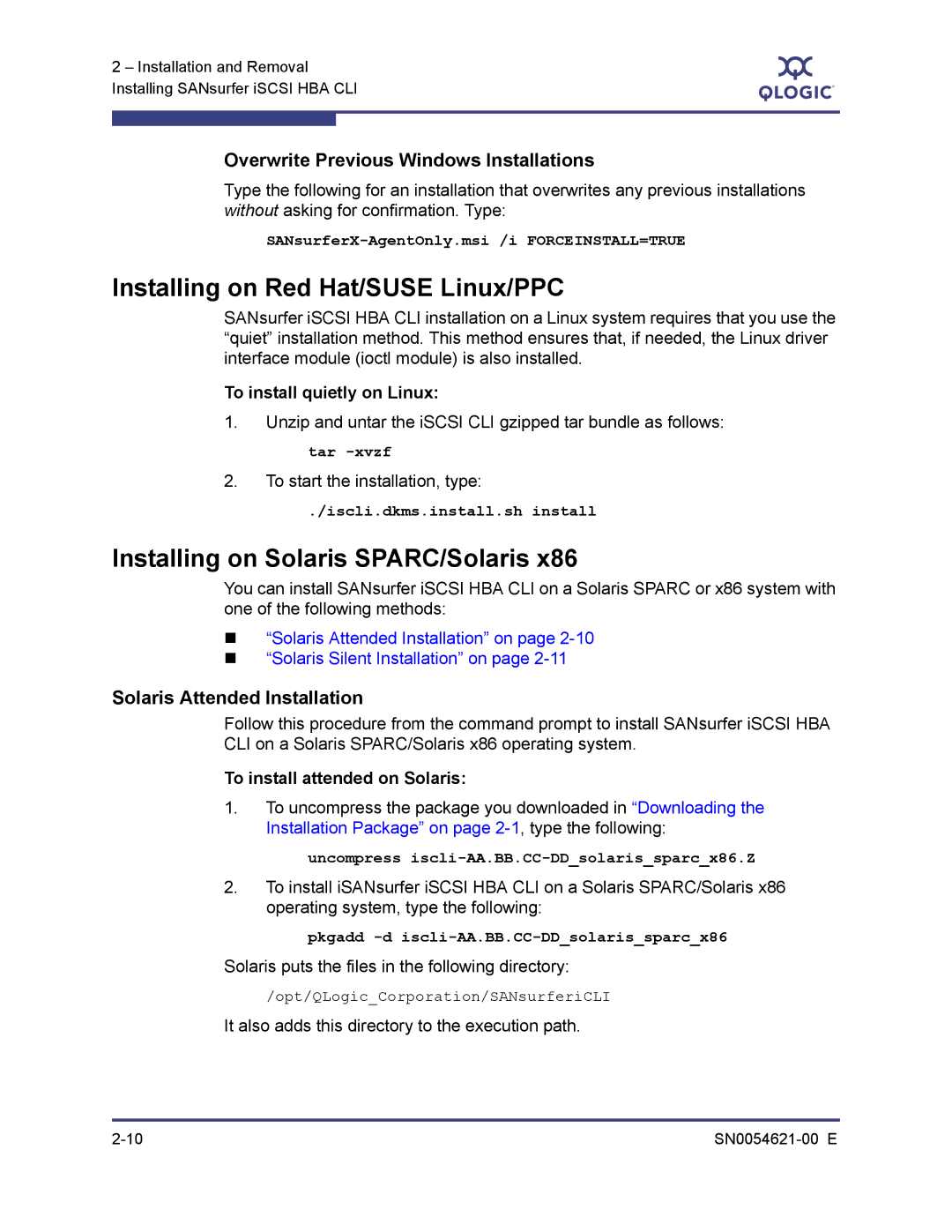 Q-Logic SN0054621-00 E manual Installing on Red Hat/SUSE Linux/PPC, Installing on Solaris SPARC/Solaris 