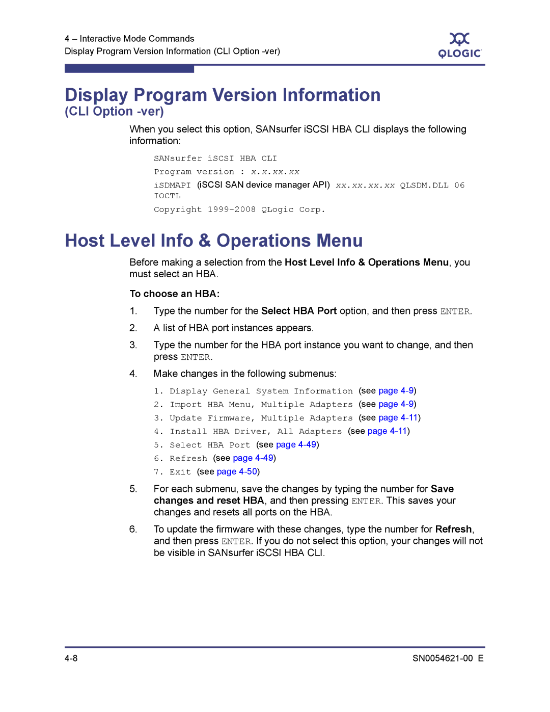 Q-Logic SN0054621-00 E manual Display Program Version Information, Host Level Info & Operations Menu, To choose an HBA 