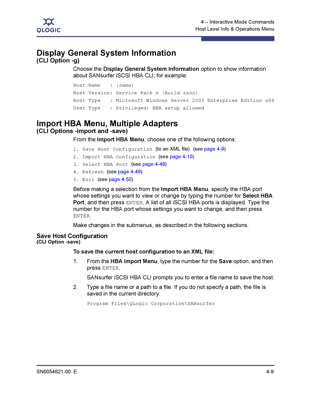 Q-Logic SN0054621-00 E manual Display General System Information, Import HBA Menu, Multiple Adapters, CLI Option -g 