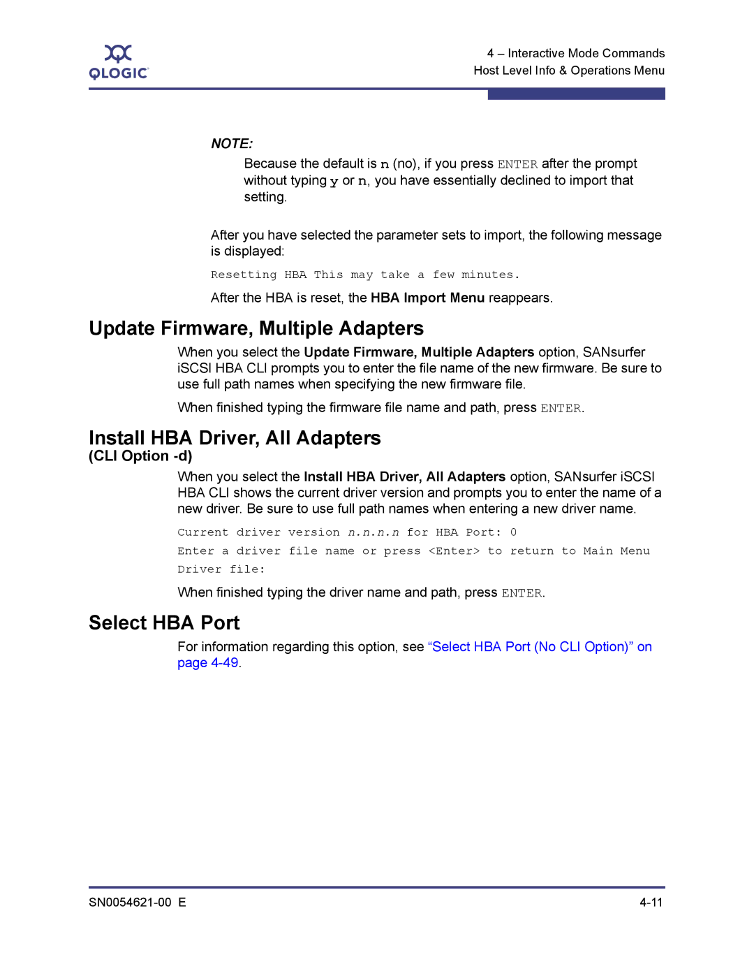 Q-Logic SN0054621-00 E manual Update Firmware, Multiple Adapters, Install HBA Driver, All Adapters, Select HBA Port 