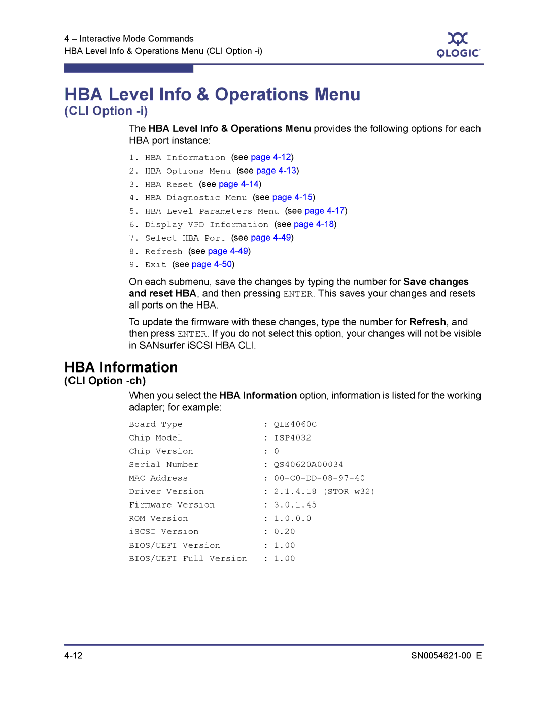 Q-Logic SN0054621-00 E manual HBA Level Info & Operations Menu, HBA Information, CLI Option -ch 