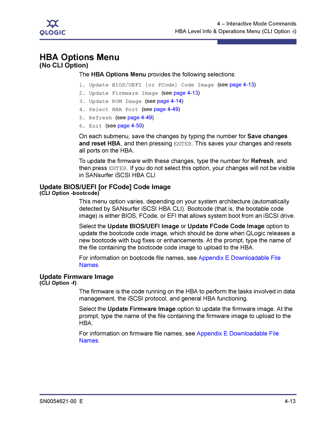 Q-Logic SN0054621-00 E manual HBA Options Menu, No CLI Option, Update BIOS/UEFI or FCode Code Image, Update Firmware Image 