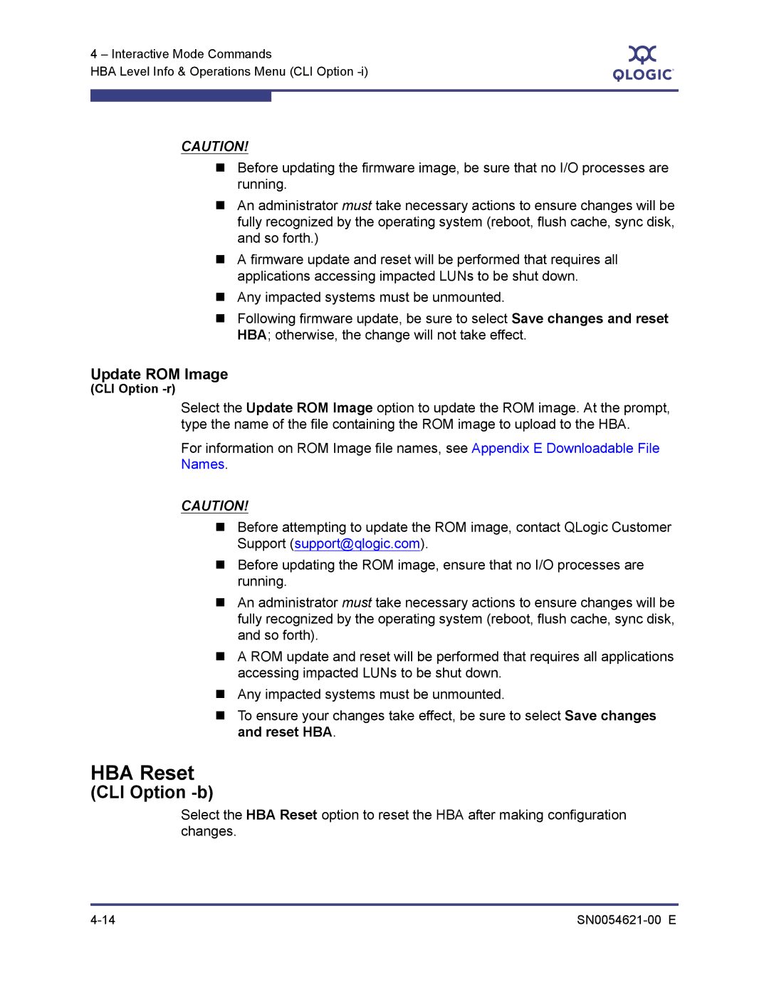 Q-Logic SN0054621-00 E manual HBA Reset, Update ROM Image 