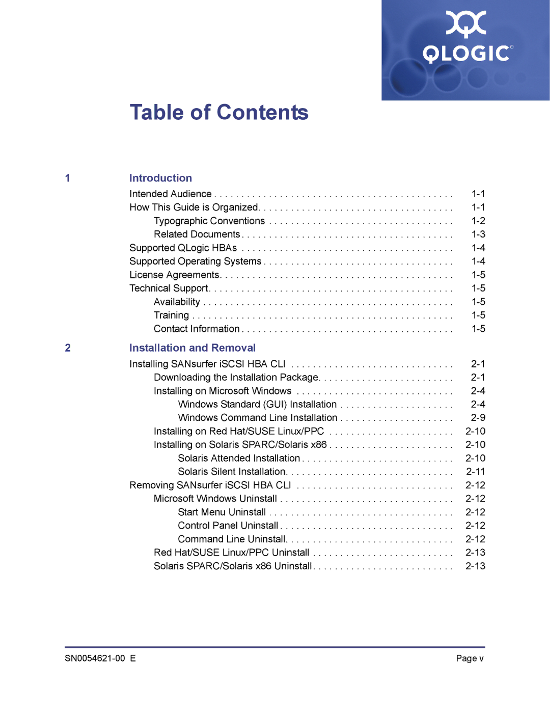 Q-Logic SN0054621-00 E manual Table of Contents 