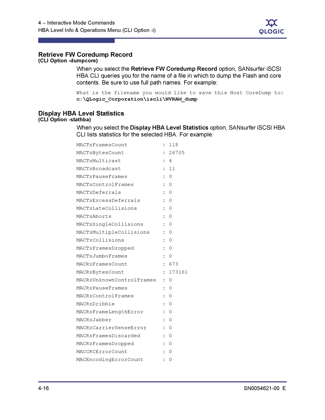 Q-Logic SN0054621-00 E manual Retrieve FW Coredump Record, Display HBA Level Statistics 