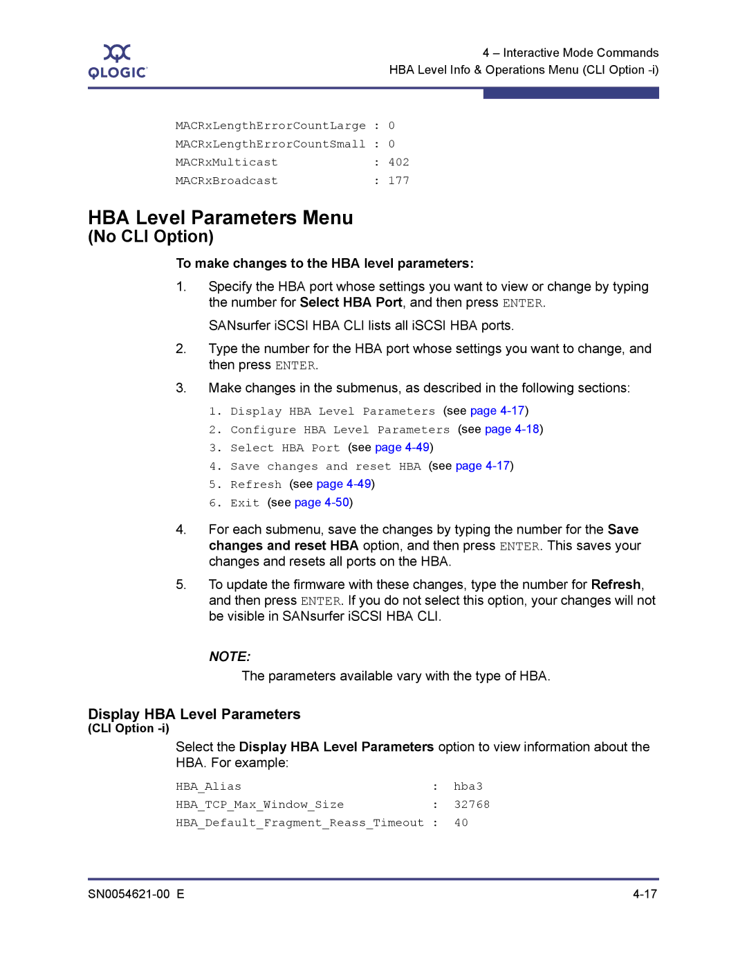 Q-Logic SN0054621-00 E manual HBA Level Parameters Menu, Display HBA Level Parameters 