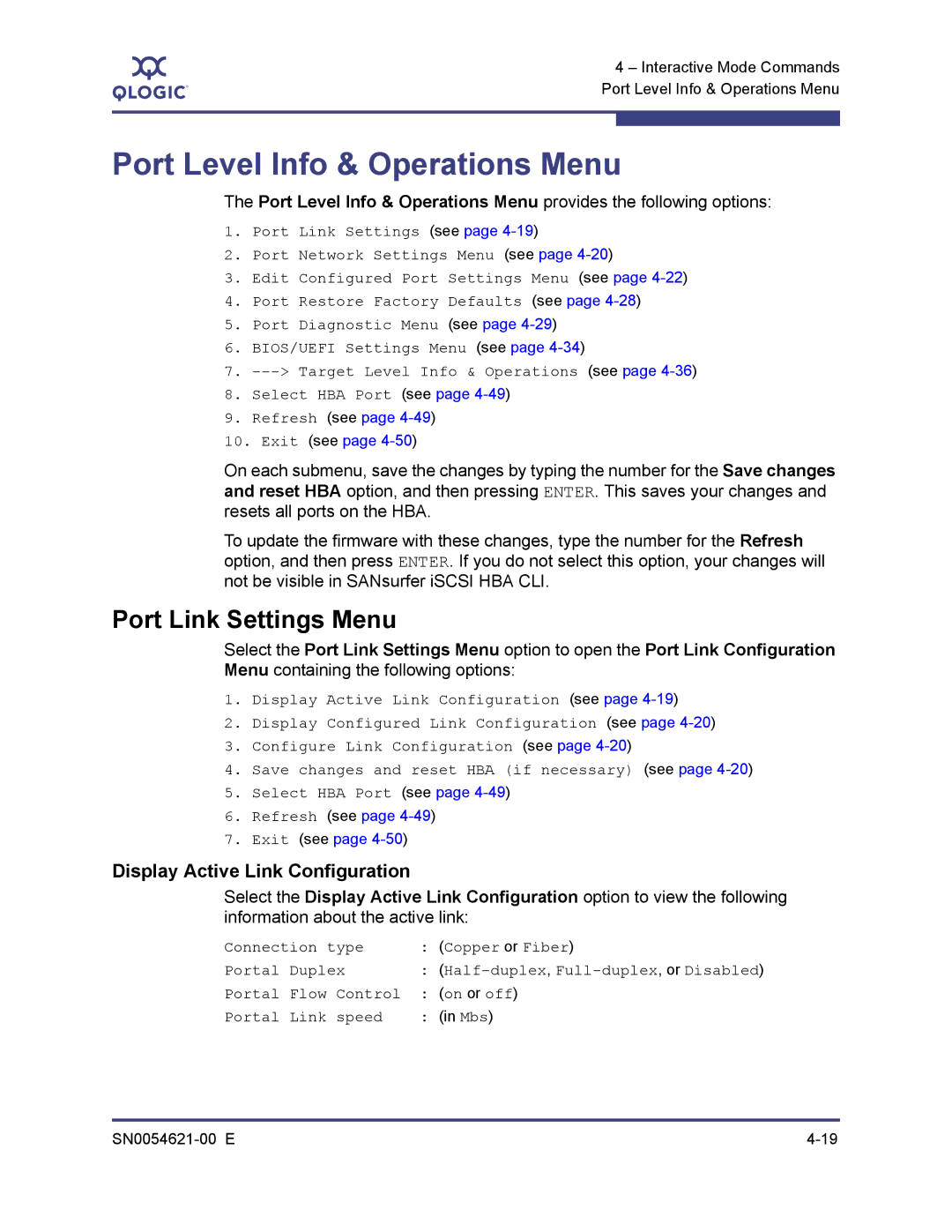 Q-Logic SN0054621-00 E manual Port Level Info & Operations Menu, Port Link Settings Menu, Display Active Link Configuration 