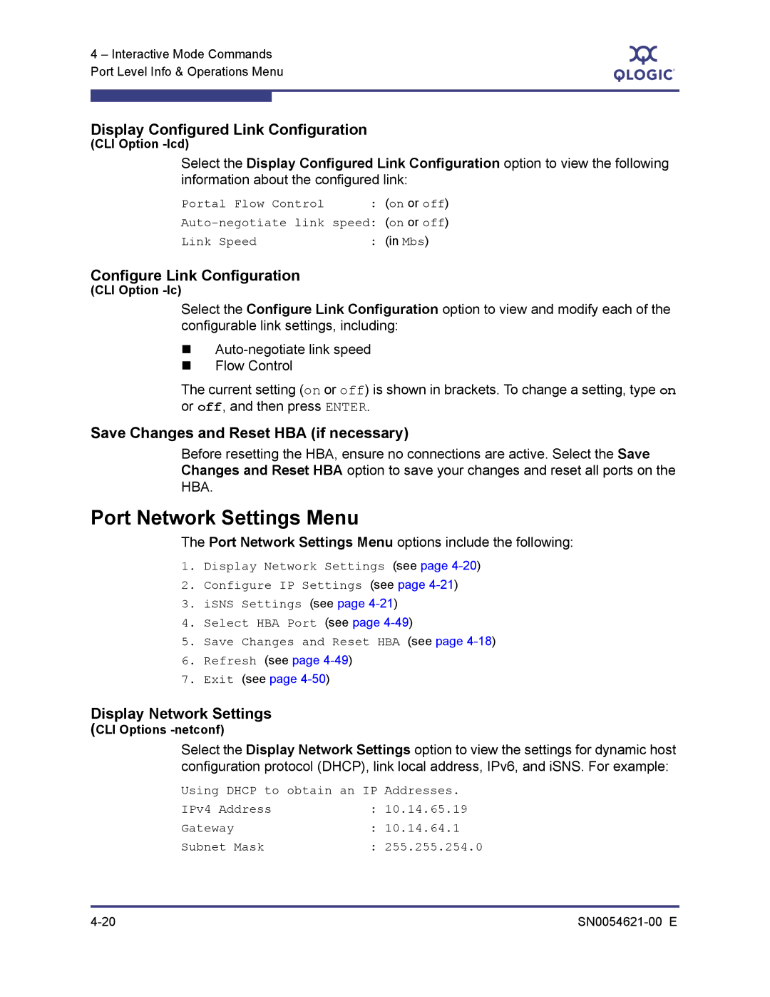 Q-Logic SN0054621-00 E Port Network Settings Menu, Display Configured Link Configuration, Configure Link Configuration 