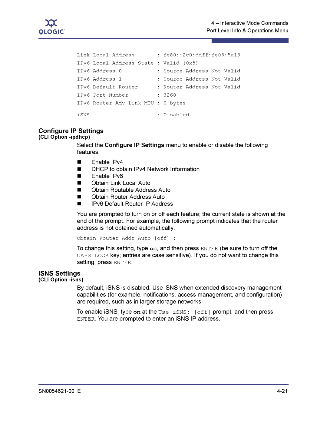 Q-Logic SN0054621-00 E manual Configure IP Settings, ISNS Settings 