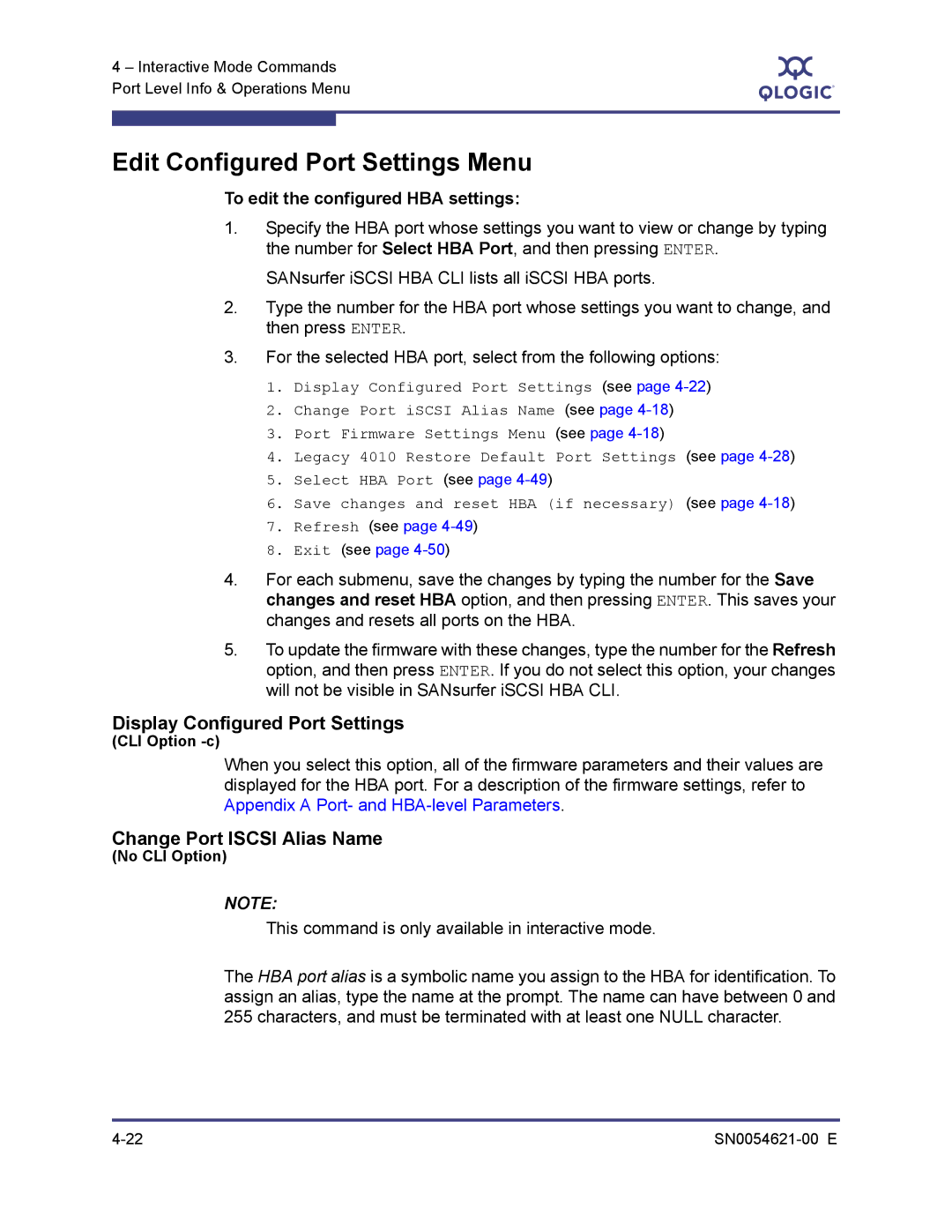 Q-Logic SN0054621-00 E Edit Configured Port Settings Menu, Display Configured Port Settings, Change Port Iscsi Alias Name 