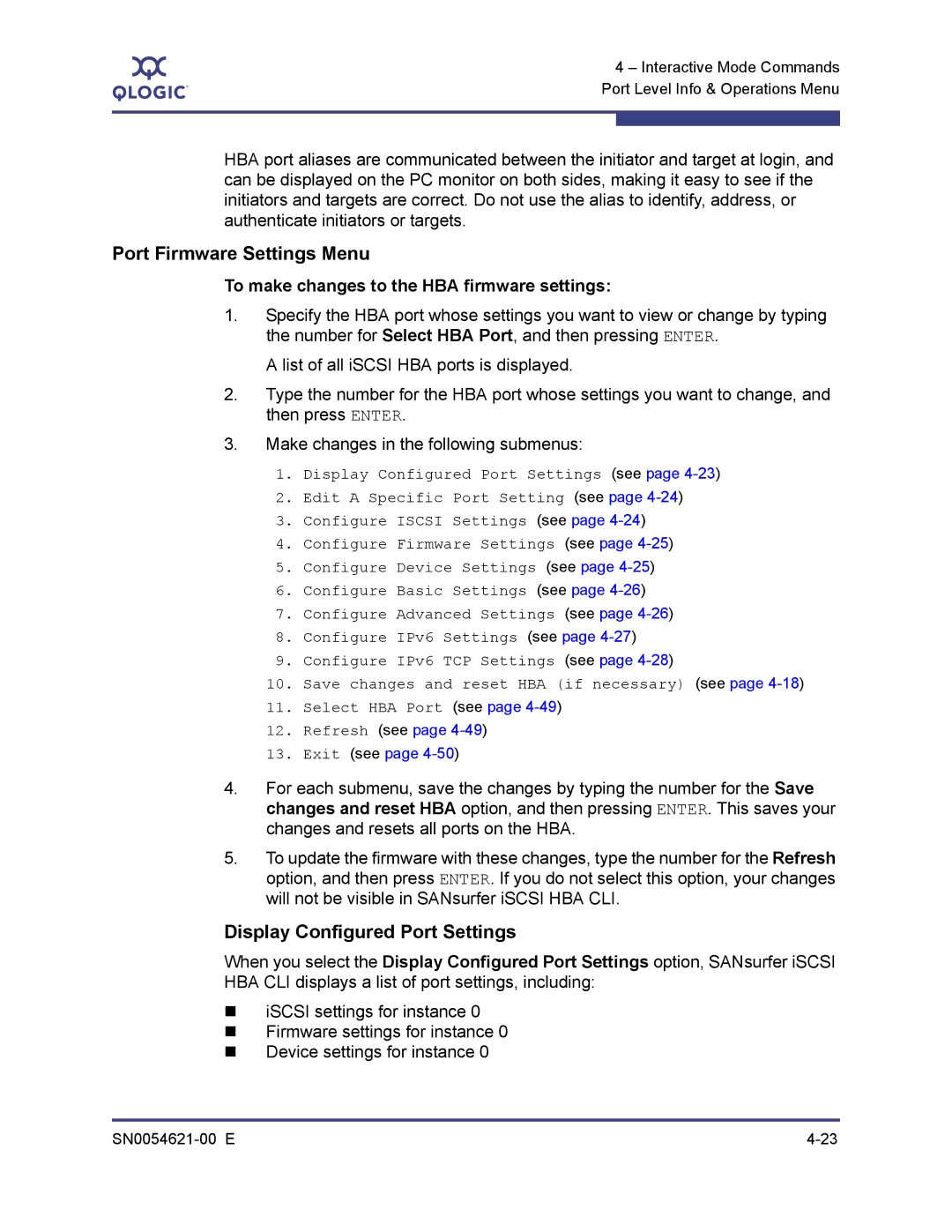 Q-Logic SN0054621-00 E manual Port Firmware Settings Menu, To make changes to the HBA firmware settings 