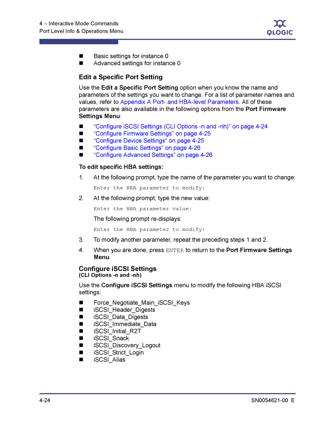 Q-Logic SN0054621-00 E manual Edit a Specific Port Setting, Configure iSCSI Settings, To edit specific HBA settings 