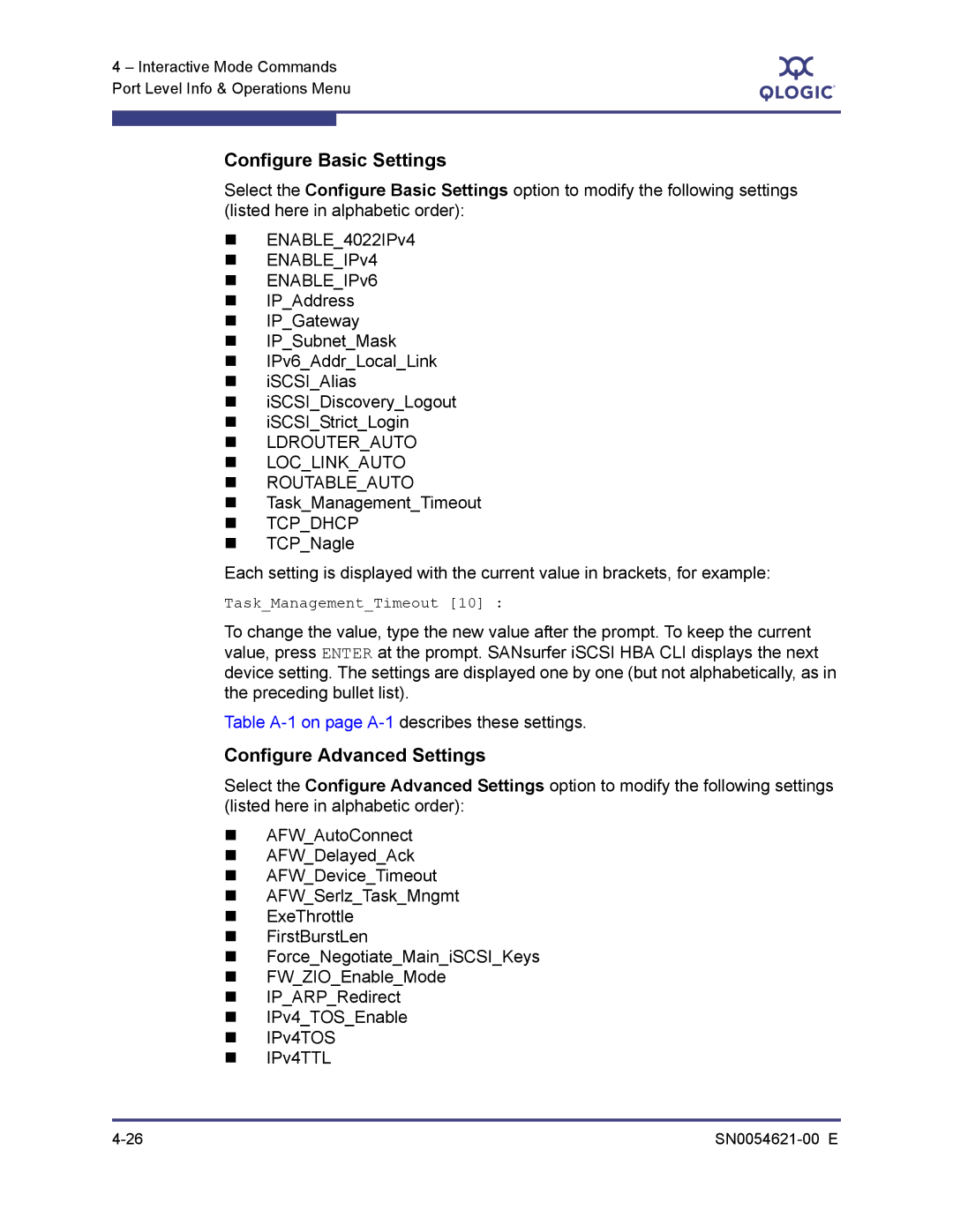 Q-Logic SN0054621-00 E Configure Basic Settings, Configure Advanced Settings, „ Ldrouterauto „ Loclinkauto „ Routableauto 