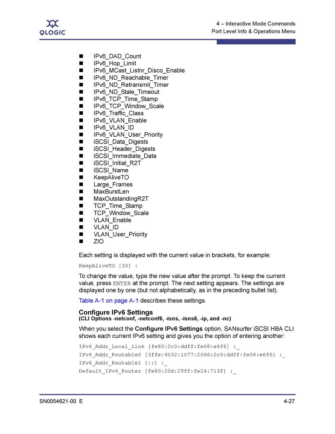 Q-Logic SN0054621-00 E manual Configure IPv6 Settings, „ Vlanid, „ VLANUserPriority, „ Zio 