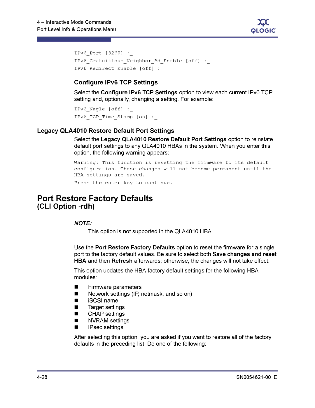 Q-Logic SN0054621-00 E manual Port Restore Factory Defaults, Configure IPv6 TCP Settings 