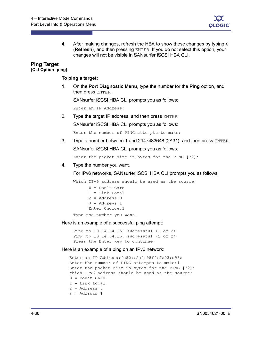 Q-Logic SN0054621-00 E manual Ping Target, To ping a target, Here is an example of a successful ping attempt 