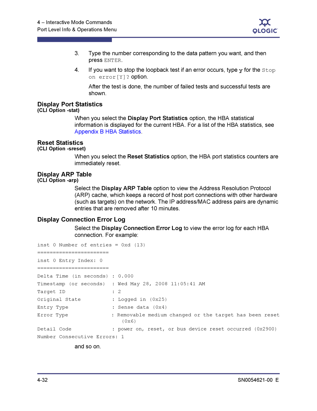 Q-Logic SN0054621-00 E Display Port Statistics, Reset Statistics, Display ARP Table, Display Connection Error Log, So on 