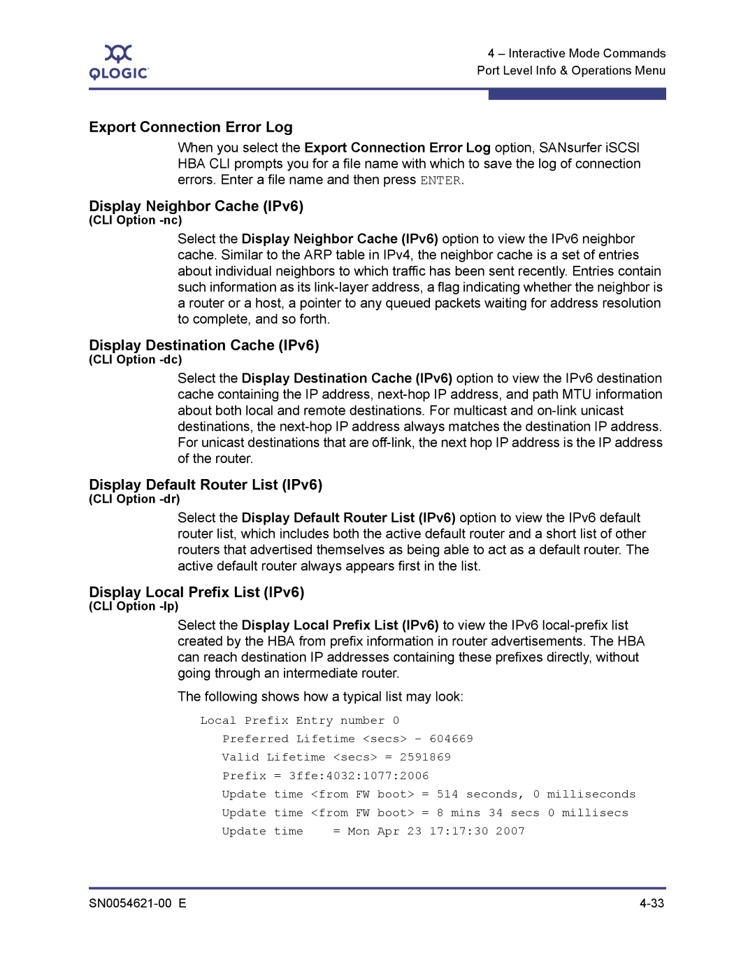 Q-Logic SN0054621-00 E manual Export Connection Error Log, Display Neighbor Cache IPv6, Display Destination Cache IPv6 