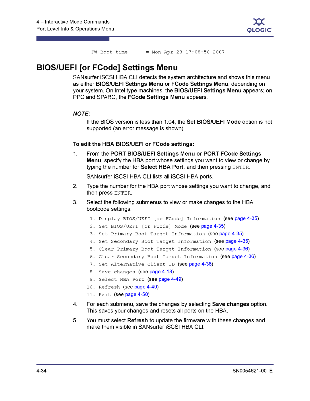 Q-Logic SN0054621-00 E manual BIOS/UEFI or FCode Settings Menu, To edit the HBA BIOS/UEFI or FCode settings 