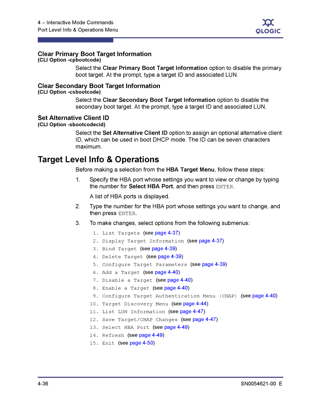 Q-Logic SN0054621-00 E Target Level Info & Operations, Clear Primary Boot Target Information, Set Alternative Client ID 