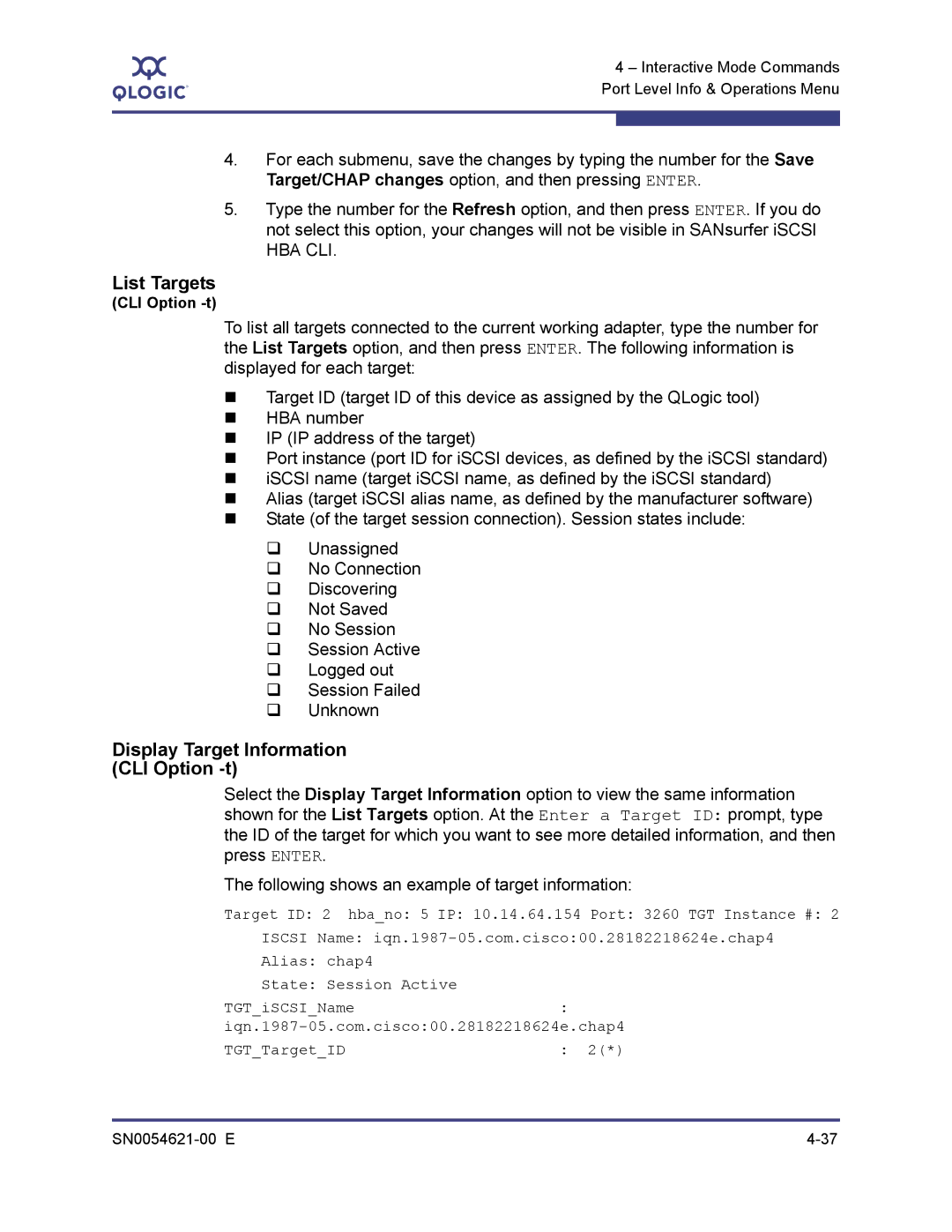 Q-Logic SN0054621-00 E manual List Targets, Display Target Information CLI Option -t, Hba Cli 