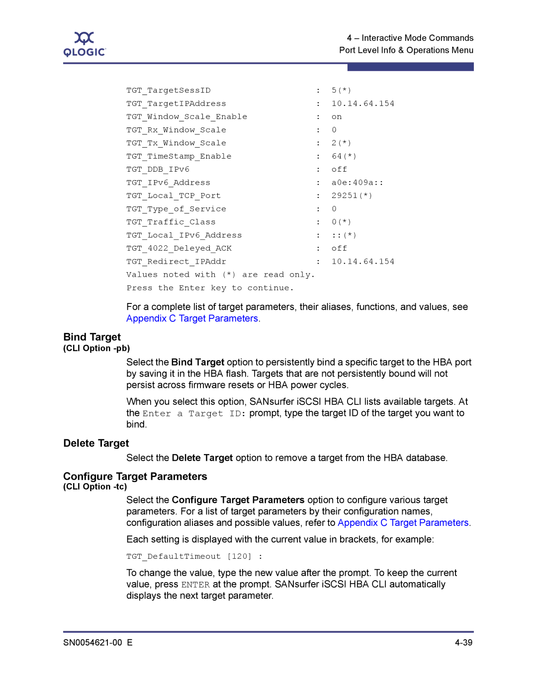 Q-Logic SN0054621-00 E manual Bind Target, Delete Target, Configure Target Parameters 