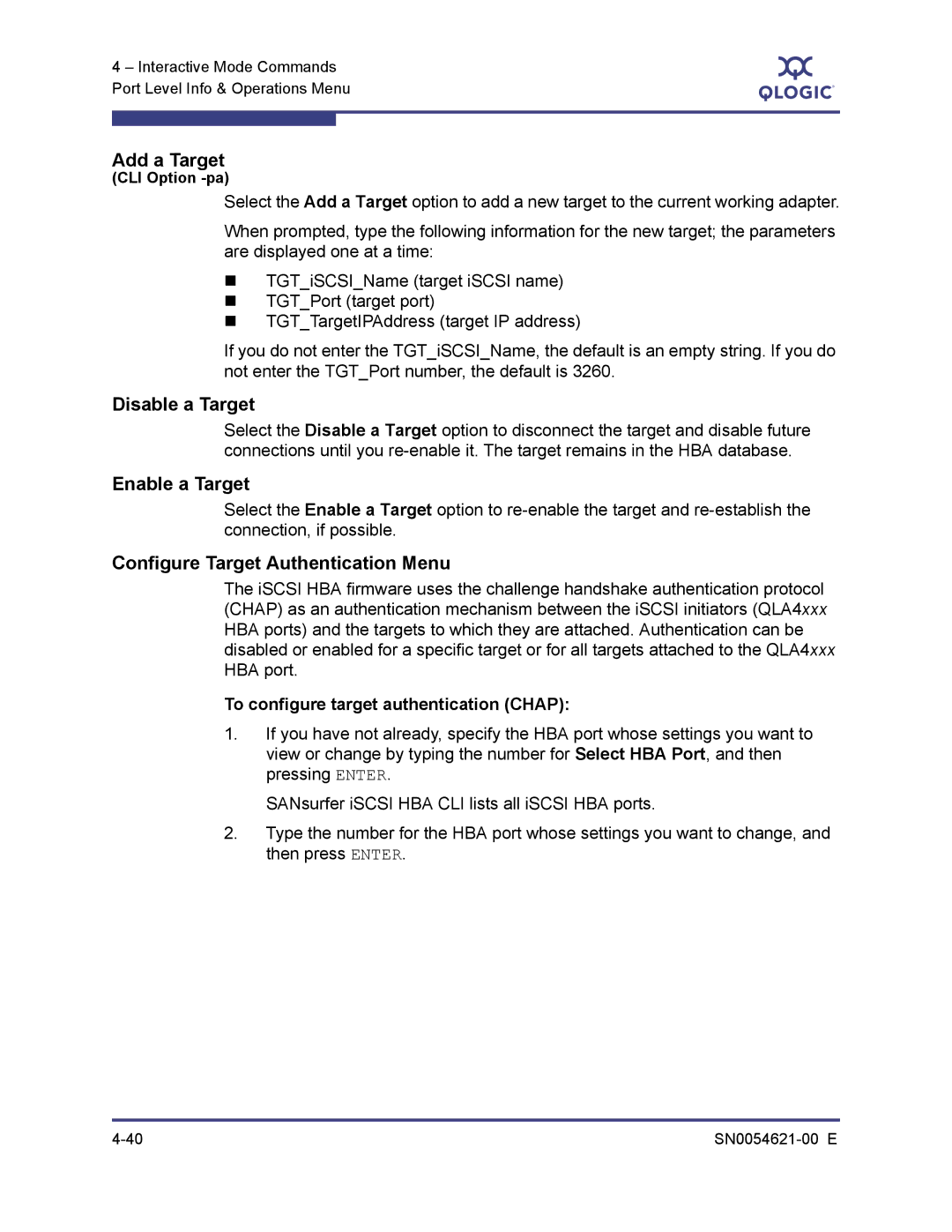 Q-Logic SN0054621-00 E manual Add a Target, Disable a Target, Enable a Target, Configure Target Authentication Menu 