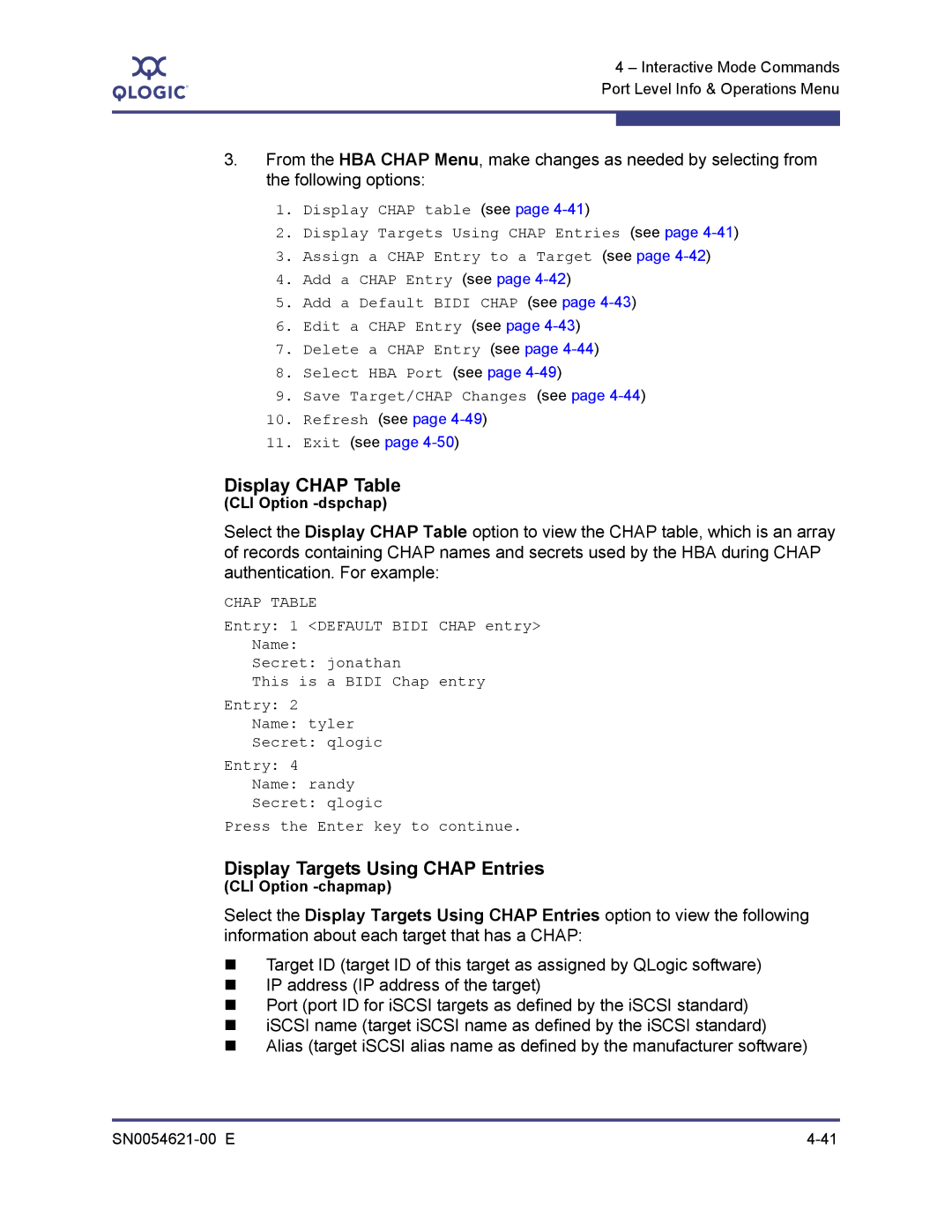 Q-Logic SN0054621-00 E manual Display Chap Table, Display Targets Using Chap Entries 