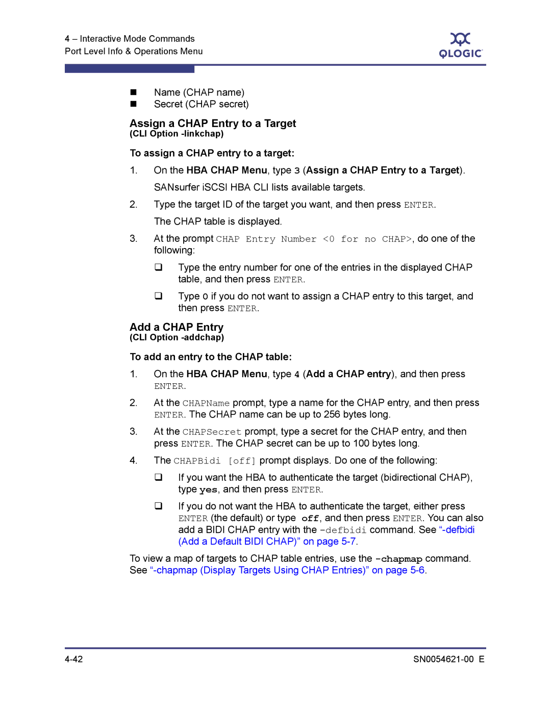 Q-Logic SN0054621-00 E manual Assign a Chap Entry to a Target, Add a Chap Entry, „ Name Chap name „ Secret Chap secret 