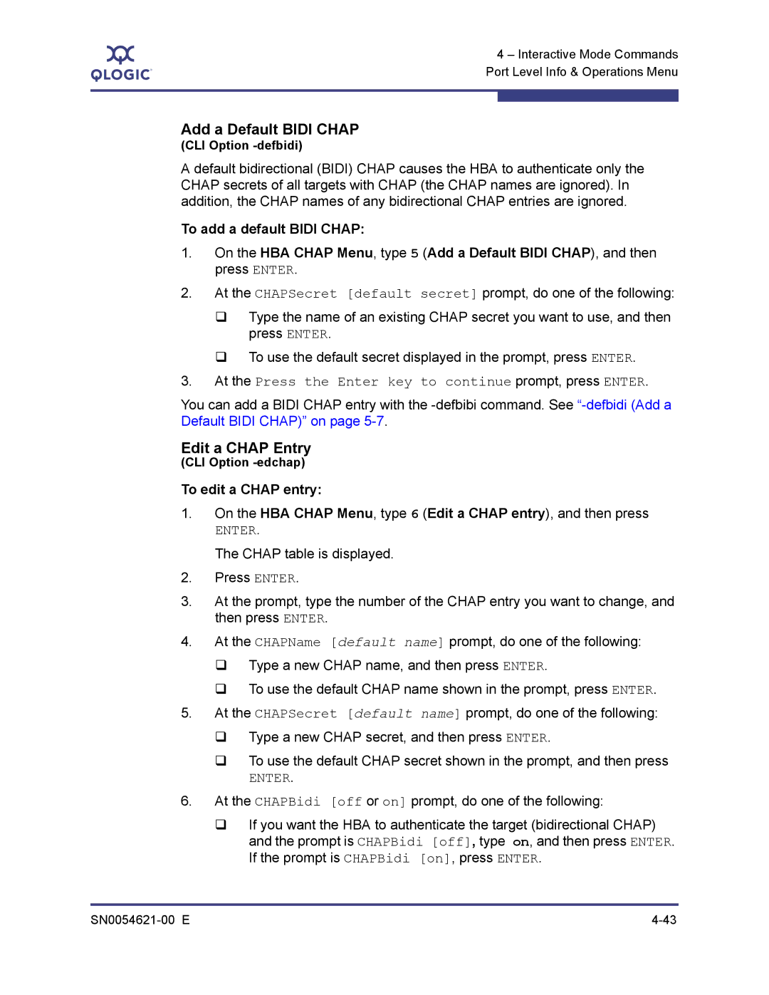 Q-Logic SN0054621-00 E manual Add a Default Bidi Chap, Edit a Chap Entry, To add a default Bidi Chap, To edit a Chap entry 