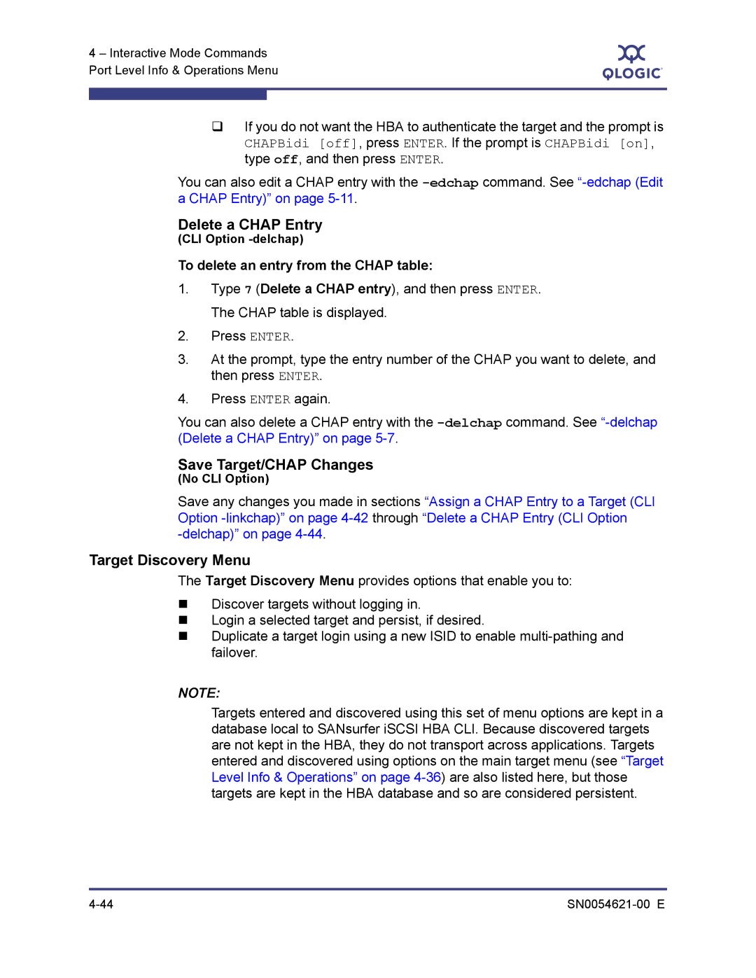 Q-Logic SN0054621-00 E manual Delete a Chap Entry, Save Target/CHAP Changes, Target Discovery Menu 