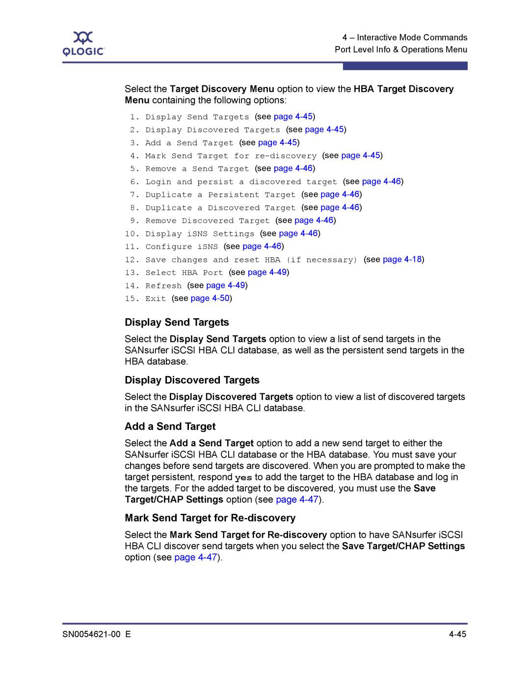 Q-Logic SN0054621-00 E manual Display Send Targets, Display Discovered Targets, Add a Send Target 