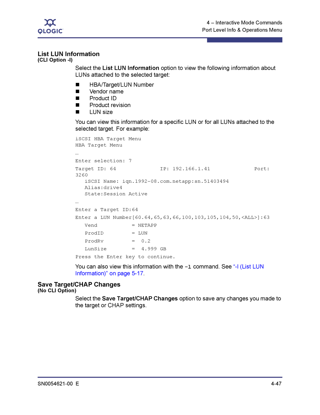 Q-Logic SN0054621-00 E manual List LUN Information, Save Target/CHAP Changes 