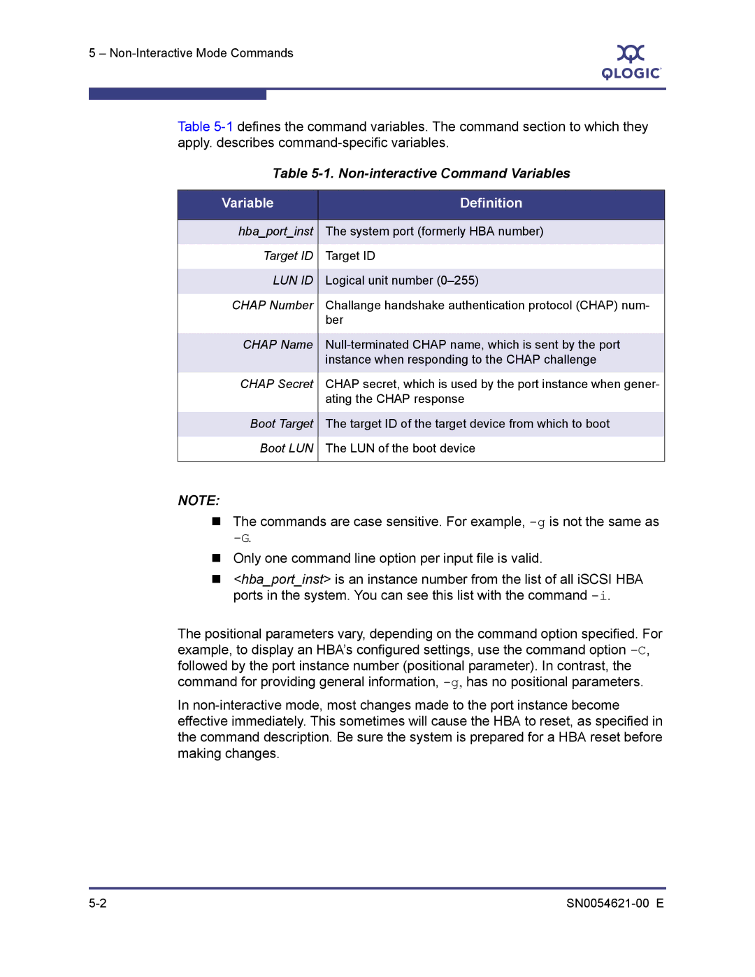 Q-Logic SN0054621-00 E manual Non-interactive Command Variables, Variable Definition 