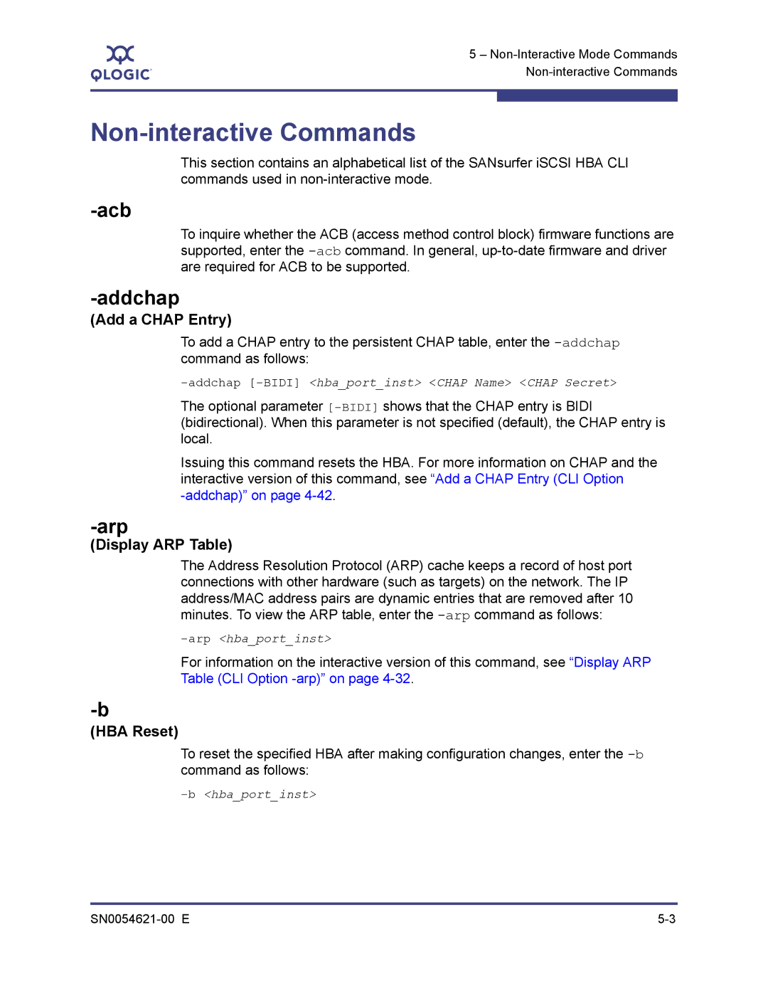 Q-Logic SN0054621-00 E manual Non-interactive Commands, Acb, Addchap, Arp, HBA Reset 