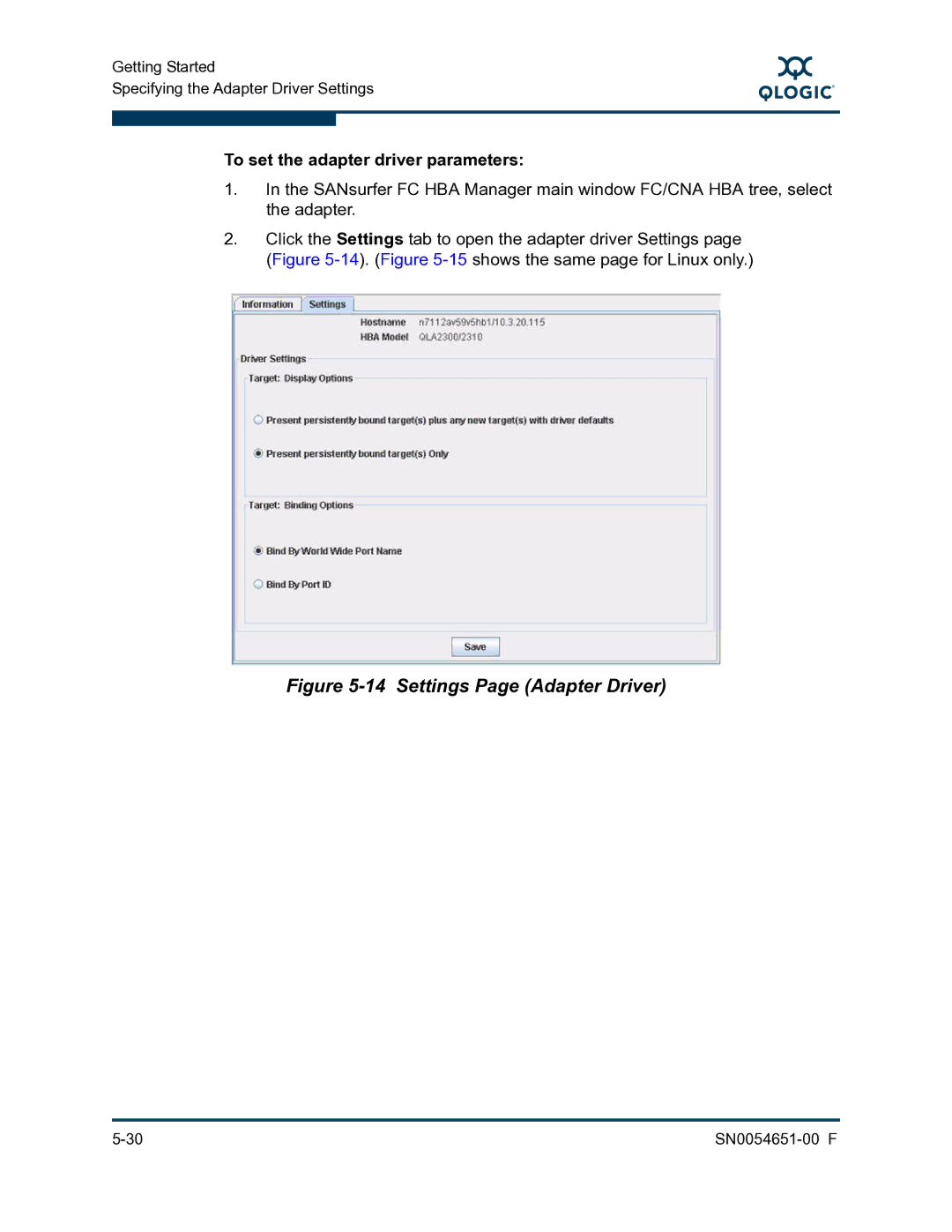 Q-Logic SN0054651-00 F manual Settings Page Adapter Driver, To set the adapter driver parameters 