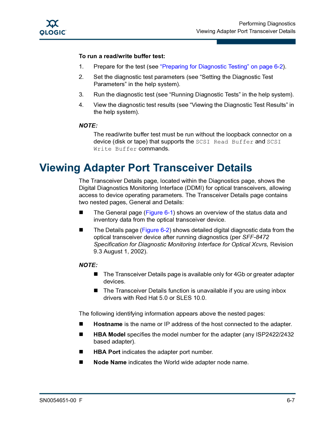 Q-Logic SN0054651-00 F manual Viewing Adapter Port Transceiver Details, To run a read/write buffer test 